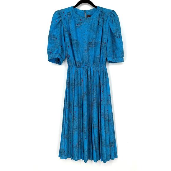 80s Vintage Dress Womens Medium Blue Midi Pleated Turquoise Pink Retro - Picture 4 of 9